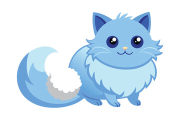 A Cute and Fluffy Blue Cartoon Cat Illustration with Big Eyes and a Bushy Tail on a White Background