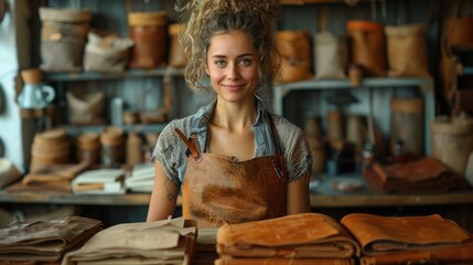 A skilled young woman stands confidently in her leather workshop, highlighting her craftsmanship and the various items she creates, symbolizing dedication and artistry in leatherwork.