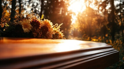 A serene wooden casket adorned with a beautiful floral arrangement, capturing a moment of remembrance and tranquility in a peaceful natural setting during golden hour.