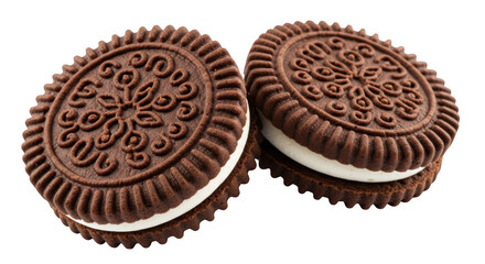 Two delicious chocolate sandwich cookies with cream filling isolated on transparent background