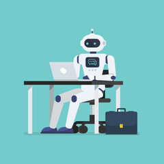 Robot is working on a laptop computer at office desk
