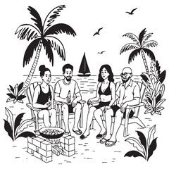 camping by the water vector sketch summer landscape with palm trees. company of people on the beach vector hand drawn