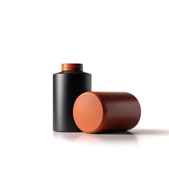 Two cylindrical containers, one black, one terracotta, with matching lids, sit on a white background, casting subtle shadows