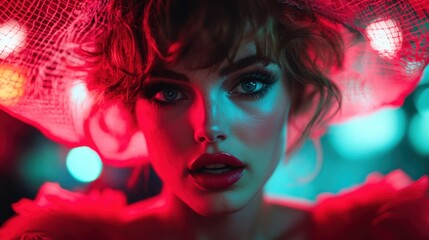 Fototapeta premium A striking close-up portrait of a model with glamorous makeup and a dramatic hat, illuminated by vivid neon lights that create an enchanting atmosphere.