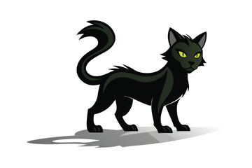 Illustration of a Sleek Black Cat Standing Tall with Curled Tail and Green Eyes on a White Background