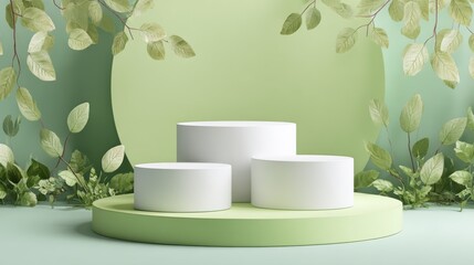 A 4K photo of 3D background with realistic green, white cylinder stand podium and green leaf wall scene. Pastel minimal mockup product display. Abstract geometric platforms.