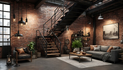 Industrial Loft Living: Brick Walls and Metal Staircase