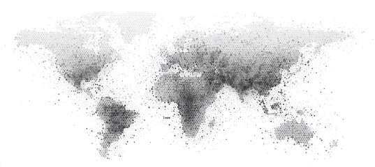 Obraz premium A grayscale world map rendered as a dense collection of tiny particles, creating a textured, almost ethereal effect