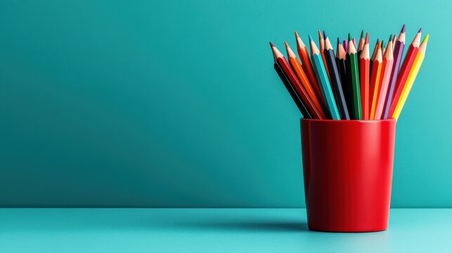 A vibrant collection of colored pencils stands upright in a red cup against a turquoise backdrop, showcasing a playful and artistic arrangement perfect for creative endeavors. - Powered by Adobe