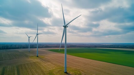 Aerial view of three wind turbines in a field, generating clean energy under a partly cloudy sky