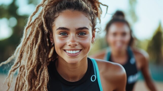 A joyful young woman with beautiful dreadlocks smiles warmly at the camera, showcasing an energetic vibe and a lively outdoor sporting atmosphere among friends.