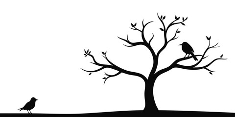 Fototapeta premium Black silhouette of a bird-filled tree in spring, a beautiful nature illustration