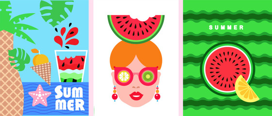 Summer time, Hello, summer -set cards in cartoon style concept design, modern abstract background Set icons for bar, cafe or restaurant menu, poster, web-banner, social media post Vector 