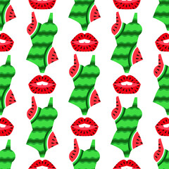 Summer watermelon abstract seamless pattern  background in cartoon style Set icons for bar, cafe.  menu,  web-banner, social media post Vector cute flat illustration