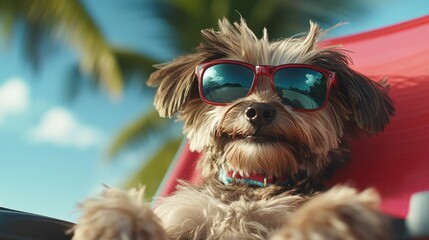 A laid-back dog wearing sunglasses lounges on a sunny beach chair, embodying the carefree spirit of summer days and vacation vibes under the shade of palm trees and blue skies.