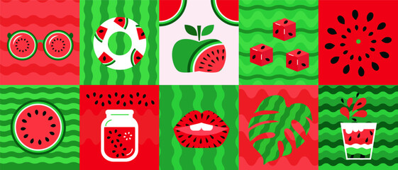 Summer watermelon abstract banner concept design background in cartoon style Set icons for bar, cafe. menu, web-banner, social media post Vector cute flat illustration