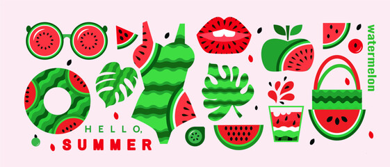 Summer watermelon abstract banner concept design background in cartoon style Set icons for bar, cafe. menu, web-banner, social media post Vector cute flat illustration