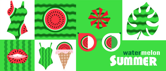 Summer watermelon abstract banner concept design background in cartoon style Set icons for bar, cafe. menu, web-banner, social media post Vector cute flat illustration