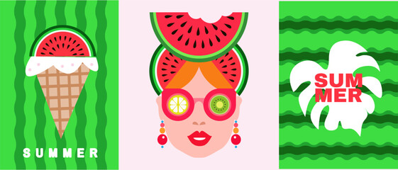 Summer time, Hello, summer -set cards in cartoon style concept design, modern abstract background Set icons for bar, cafe or restaurant menu, poster, web-banner, social media post Vector 