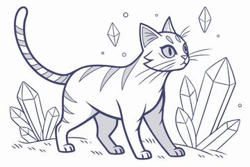 Whimsical Feline Illustration Cat Amidst Mystical Crystals and Floating Orbs Outline Cartoon