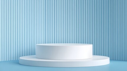 A 4K photo of 3D blue podium white table background with vertical pattern wall. Abstract composition minimalist design. Studio display showroom cosmetic stand product.