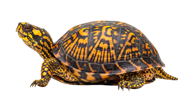 Eastern box turtle with vibrant shell pattern isolated on transparent background.
