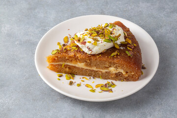 Traditional Turkish Dessert Ekmek Kadaif - Bread Pudding. Creamy Ramadan Dessert