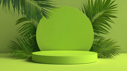 A 4K photo of 3D green podium background with palm leaf shadow and circle backdrop. Abstract geometric composition minimalist design. Studio display showroom product.