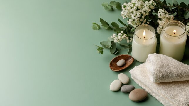 A tranquil spa scene featuring lit candles, soft towels, pebbles, and greenery creates a soothing atmosphere ideal for relaxation and self-care, inviting peace and serenity.
