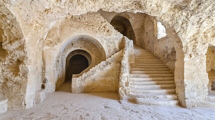 Ancient stone staircase descending into a subterranean chamber with arched passageways and uneven, sandy floor.  The structure appears carved into a cliff face