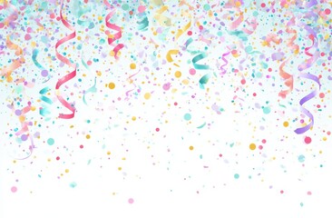 Pastel confetti and curling ribbons cascade down a white background, creating a celebratory, festive atmosphere