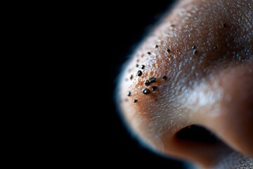 Human nose with visible blackheads, captured in high detail showing textured skin and clogged pores on the tip of the nose, ideal for skincare, dermatology, and hygiene-related content.