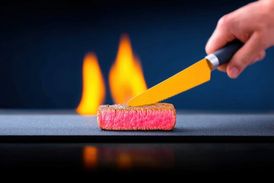 Searing Steak with a Yellow Knife: A Culinary Close Up - Powered by Adobe