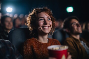 A smiling woman enjoys a movie while holding popcorn, seated in a dimly lit cinema with others.