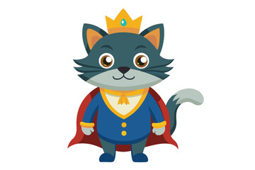 Cartoon Cat King with Crown and Cape Standing Posing Elegantly on a White Backdrop Illustration Design