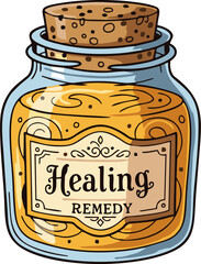 Cartoon Healing Remedy Jar with Cork Stopper and Golden Liquid