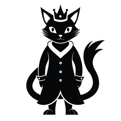 A Regal Feline Silhouette Cat King Character with Crown and Coat Standing Tall With Cartoonish Features and Curled Tail