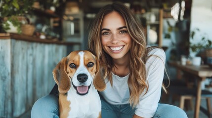 Naklejka na ściany i meble A joyful woman sits with her beagle dog in a cozy indoor setting, showcasing a loving bond between pets and their owners in a heartwarming atmosphere of companionship.