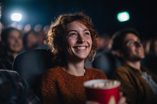 A smiling woman enjoys a movie while holding popcorn, seated in a dimly lit cinema with others.