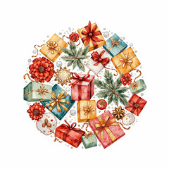Colorful Christmas gifts and decorations arranged in circular pattern  