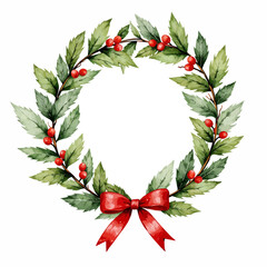 Fototapeta premium Holiday wreath with holly leaves and red berries decorated with bow 