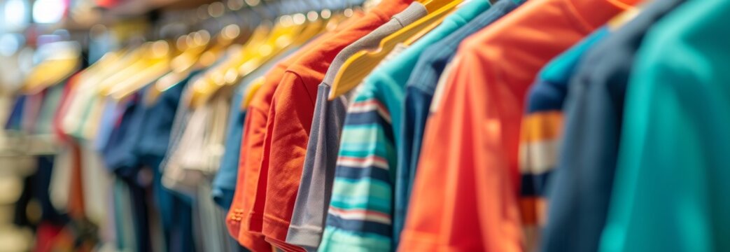 Neatly hung row of colorful shorts on wooden hangers in clothing store. concept of fashion, retail display, organized apparel, copy space , banner
