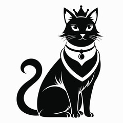 Elegant Black Cat Silhouette with Crown and Collar A Regal Feline Friend Represented in a Striking Vector Illustration