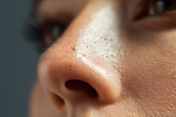 Detailed human nose with blackheads, showing uneven skin texture and visible pores on the nose area, perfect for illustrating acne issues, skincare treatments, or beauty product ads.