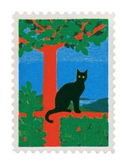PNG Cat scene animal stamp illustration.