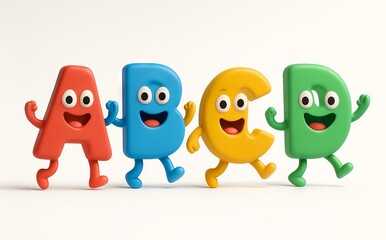 Obraz premium Cheerful dancing colored letters A B C D with smiley faces and legs on white background. concept of fun alphabet characters, playful education, childhood creativity