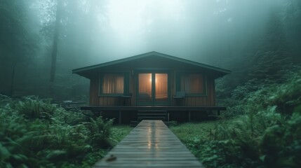 A serene cabin surrounded by a mystical foggy forest, creating an enchanting atmosphere perfect for relaxation and solitude. The soft light from the windows invites warmth.
