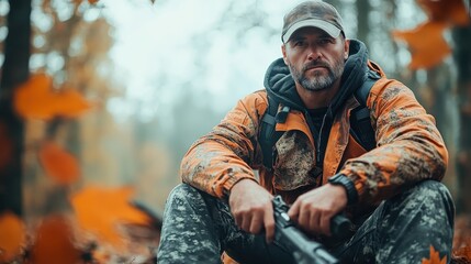 Fototapeta premium A focused hunter clad in camouflage gear sits among vibrant autumn leaves, holding his rifle, embodying the spirit of adventure and the connection to nature in a great outdoors.