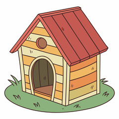 Stylized doghouse illustration with red roof and wooden stripes, pet shelter