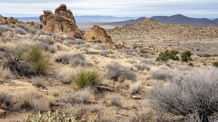 Arid landscape with rocky outcrops, scrub vegetation, and distant mountains under a cloudy sky
